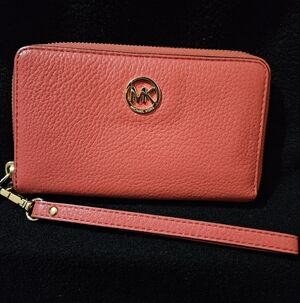 Michael Kors Coral Color Wristlet-Soft Pebble Leather